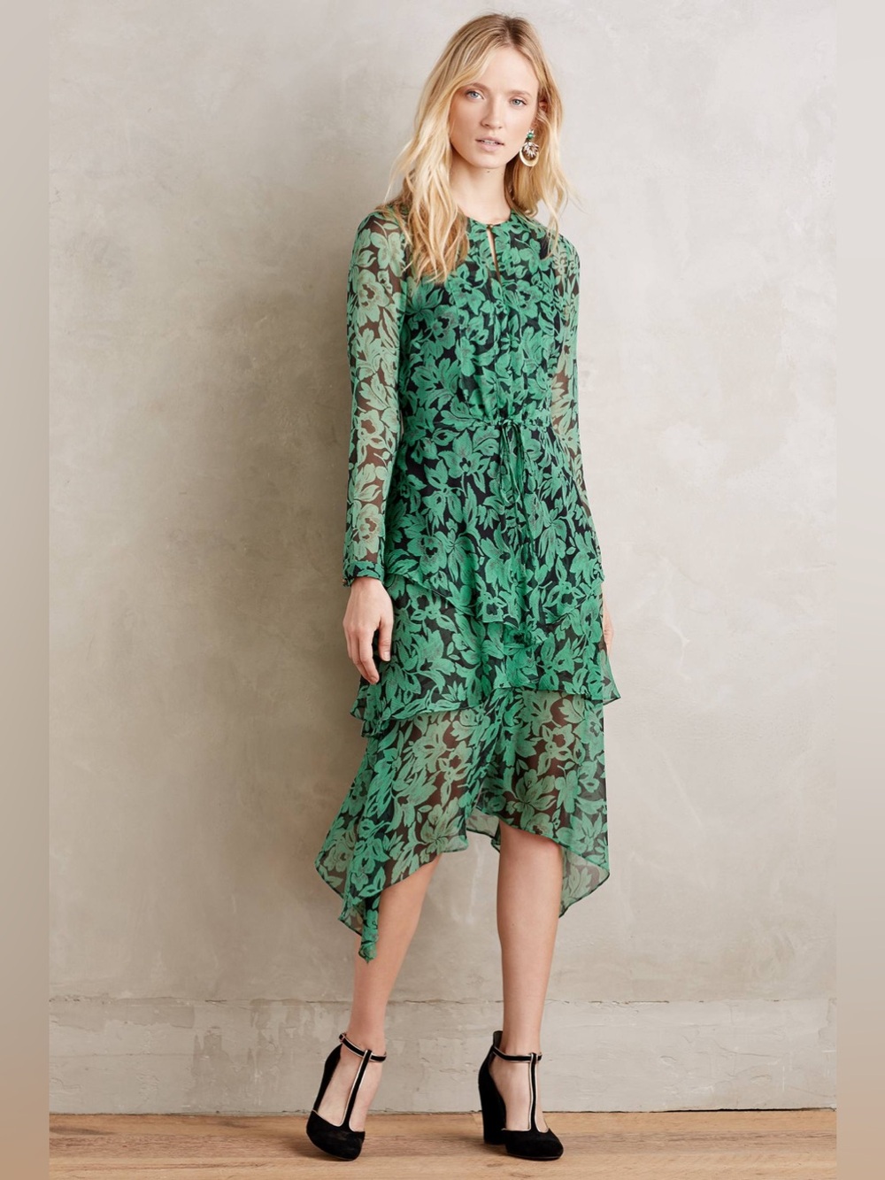 Twelfth Street Cynthia Vincent Green & Black Silk V-Neck Long Sleeve Dress Small
